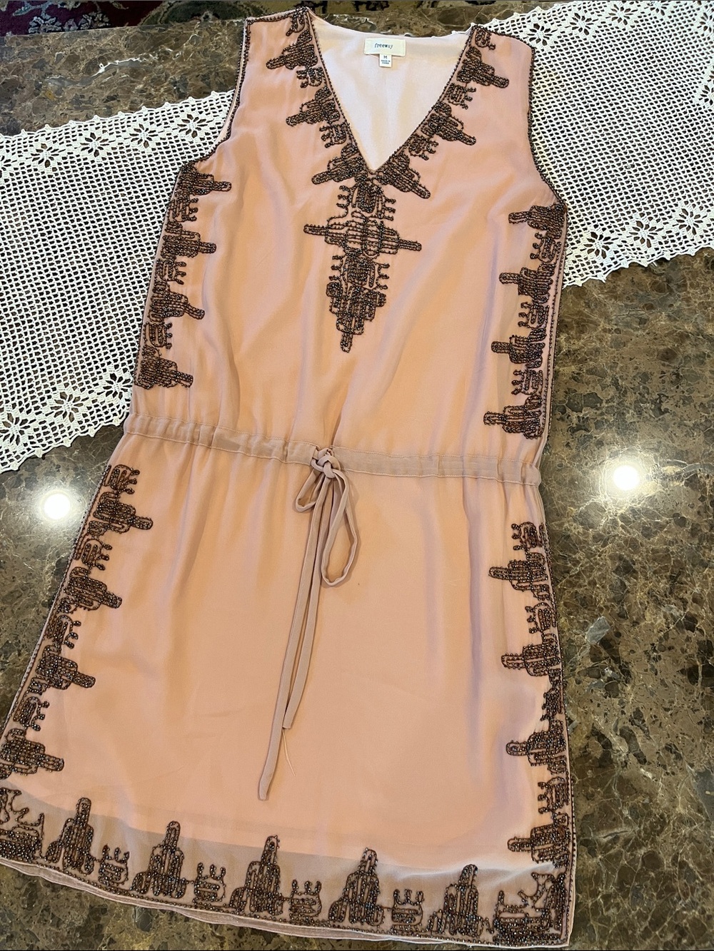 🆕 Freeway Art Deco Flapper Style Beaded Mini Dress Drop Waist M Taupe/Bronze